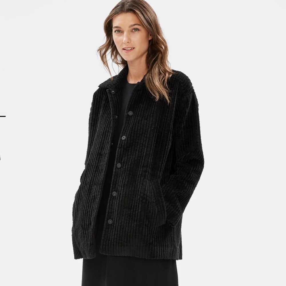 𝅺Eileen Fisher Wide Wale Corduroy Oversized Coat in Black. Sz. XXS